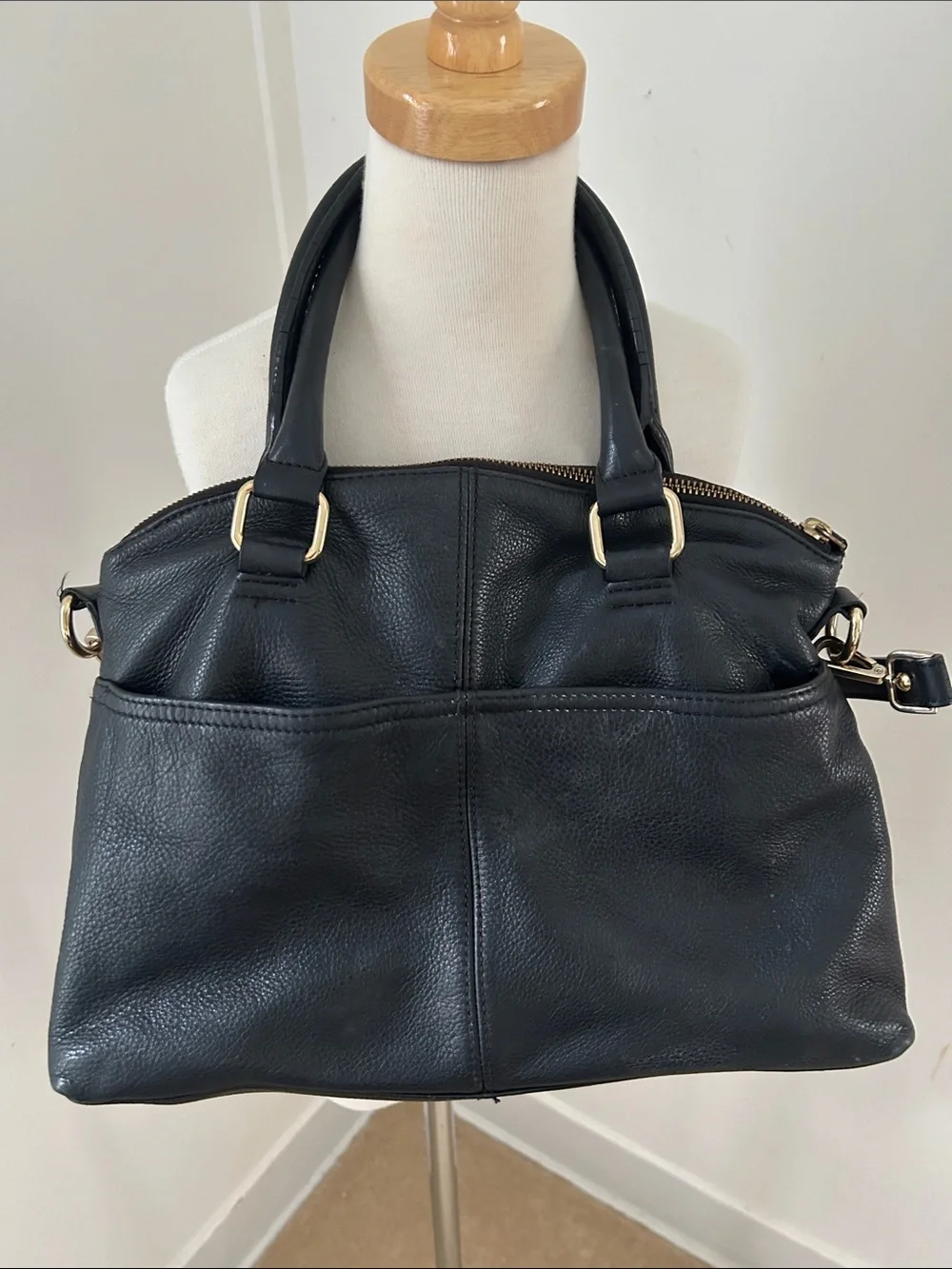 Calvin Klein Black Pebbled Leather Satchel with Gold Hardware